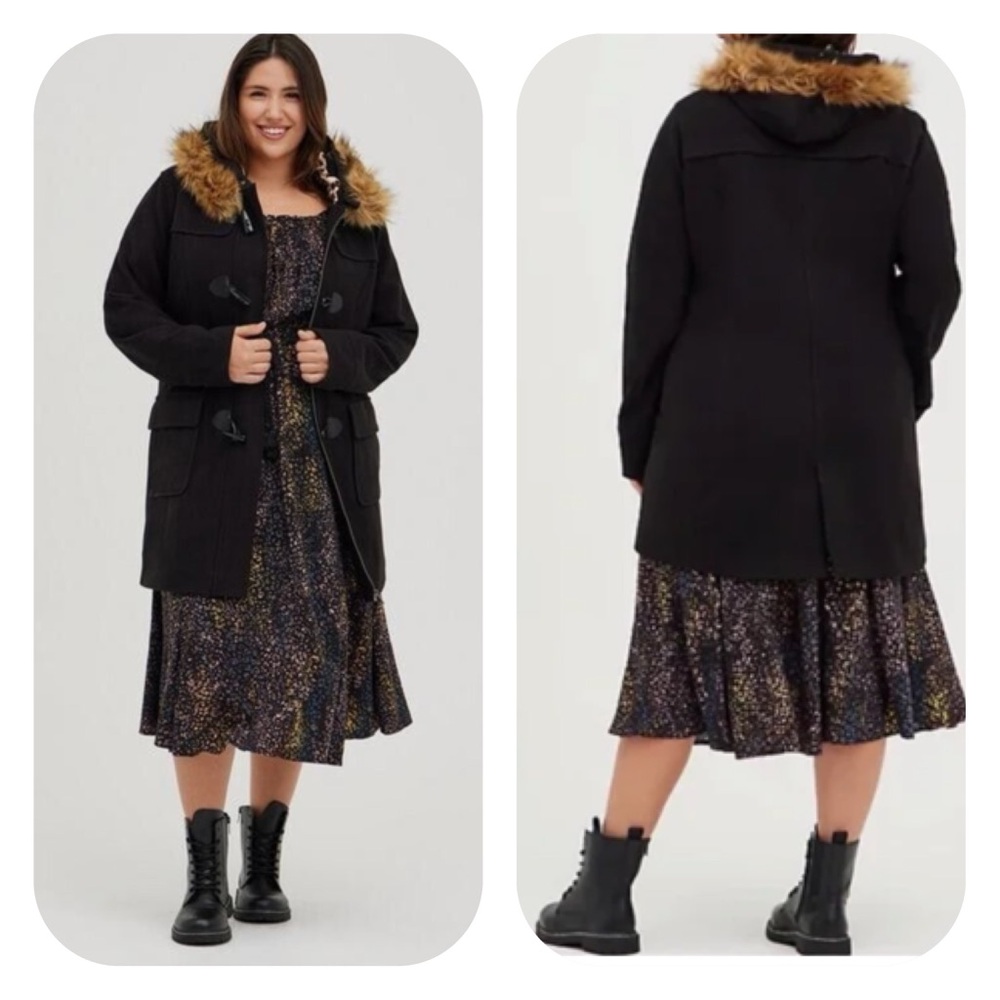 Torrid Hooded Fur Trim Toggle Coat Ponte Knit Black Leopard Lined Hood Size 6X